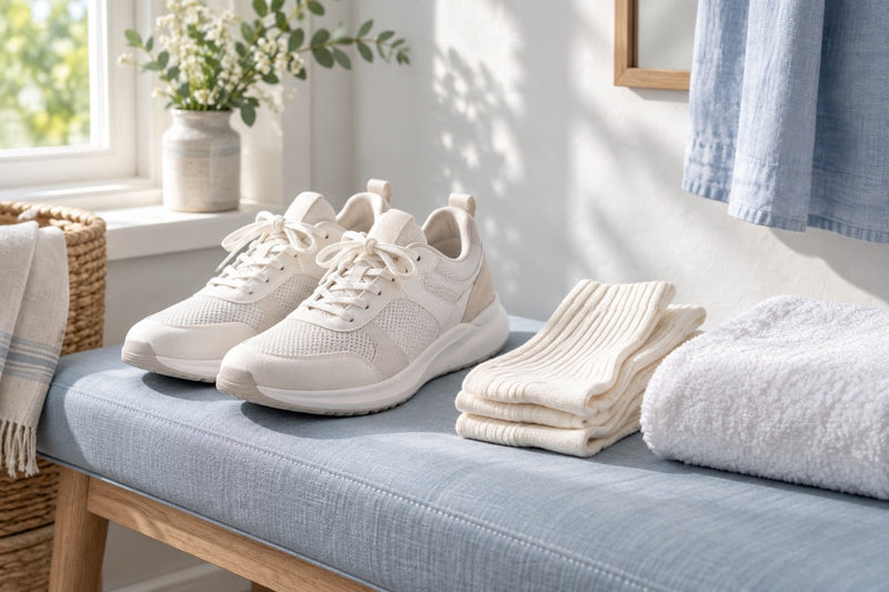 Chaussures aérées, chaussettes et serviette pour les soins des pieds — illustration éditoriale