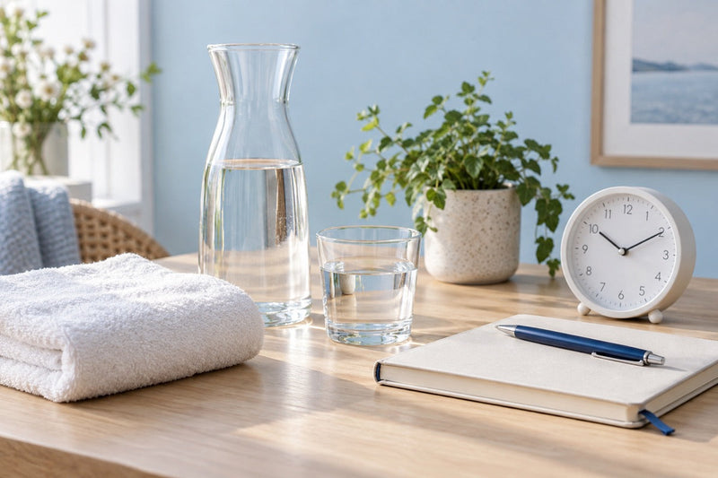 Eau, serviette et carnet dans un intérieur calme — illustration éditoriale